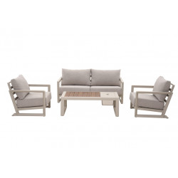 Set 4 pièces - PERTH - Aluminium époxy - Crème/Chêne - 1 canapé + 2 fauteuils + 1 table basse - PROLOISIRS