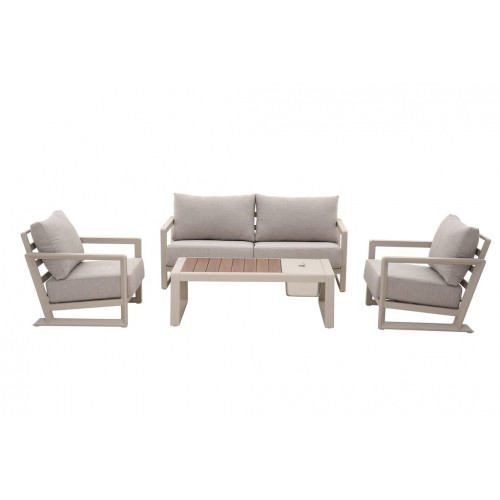 Set 4 pièces - PERTH - Aluminium époxy - Crème/Chêne - 1 canapé + 2 fauteuils + 1 table basse - PROLOISIRS