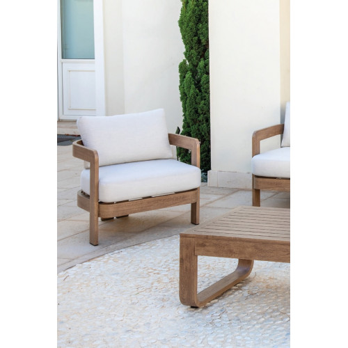 Salon de jardin sofa - CORCEGA - en aluminium façon bois - Set complet 3+2 places - Luna Distribuciones