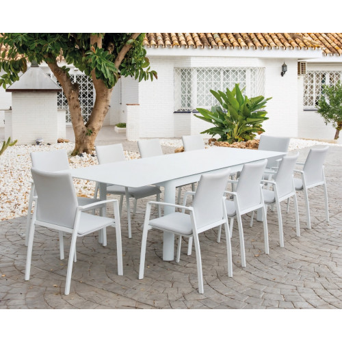 Salon de jardin à manger en aluminium - MONTERREY - finition blanche - table extensible 200 par 300 cm - tissu Batyline gris - 8 - Luna Distribuciones