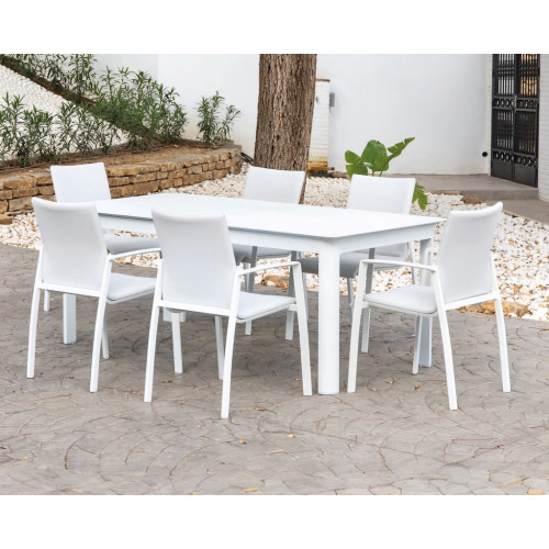 Salon de jardin à manger en aluminium - MONTERREY - finition blanche - table extensible 200 par 300 cm - tissu Batyline gris - 6 - Luna Distribuciones