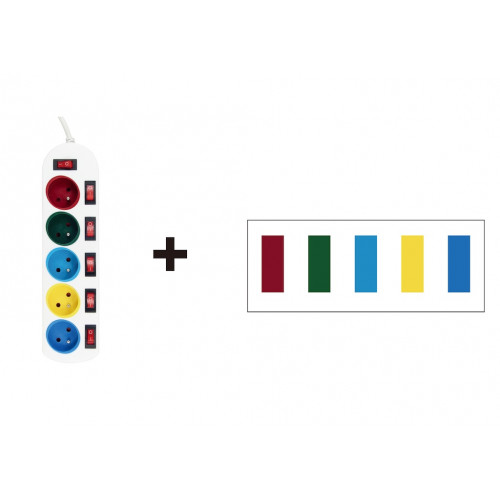 Multiprise 5P 2P+T 16A avec repères couleurs, 6 interrupteurs - Gao