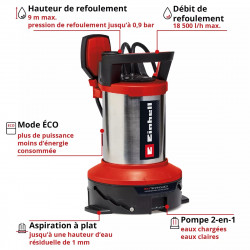 Kit de drainage 2-en-1 eaux claires et chargées – GE-DP 7535 N LL ECO – 750 W – 18 500 l/h – Particules 35 mm - EINHELL