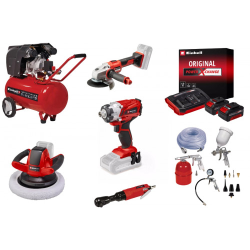 Kit garage et atelier Einhell – Visseuse, meuleuse, polisseuse, compresseur + accessoires et batteries - EINHELL