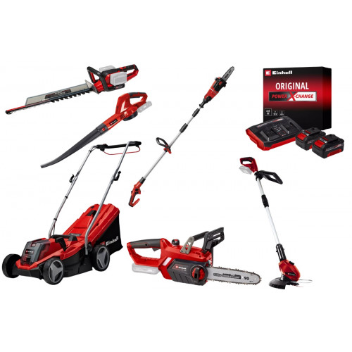 Kit jardin sans fil Einhell 18V – Tondeuse, tronçonneuse, taille-haie, coupe-bordure + batteries - EINHELL 
