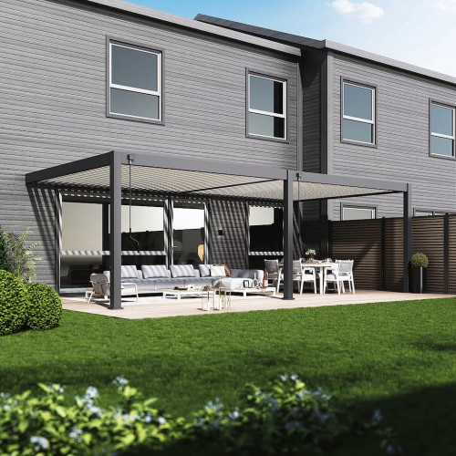 Pergola bioclimatique - Ombréa - adossée - 4x8M - Anthracite blanc - Version 2 - 400x800x258 cm - CHALET & JARDIN