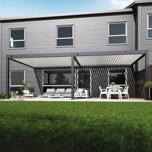 Pergola bioclimatique - Ombréa - adossée - 4x8M - Anthracite blanc - Version 2 - 400x800x258 cm - CHALET & JARDIN