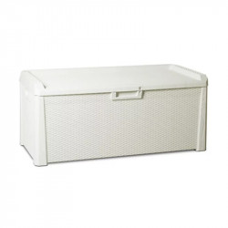 Coffre banc de jardin 550L - effet rotin en résine - SANTORINI PLUS - blanc de marque CHALET & JARDIN, référence: J9032100