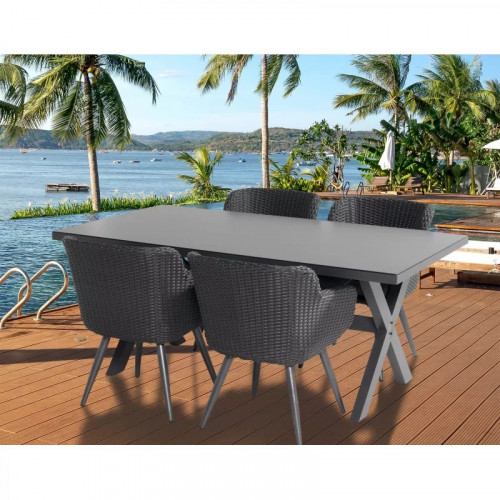 Ensemble table verre céramique + 4 fauteuils résine tressée - CHALET & JARDIN