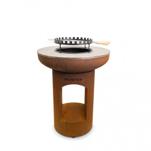 Barbecue sur pied acier Corten - Plancha Ø98 cm - Four à pizza intégré - Grille et kit brochettes inclus - Boschmarin
