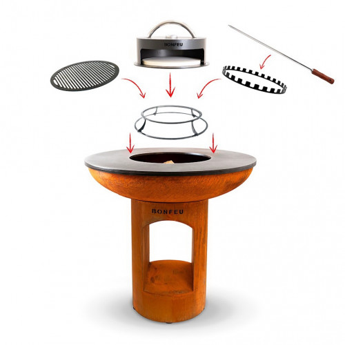 Barbecue sur pied acier Corten - Plancha Ø98 cm - Four à pizza intégré - Grille et kit brochettes inclus - Boschmarin