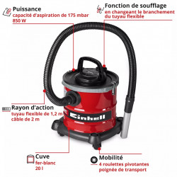 Aspirateur à cendres – 850 W – 175 mbar – Cuve métal 20 L – Tuyau 1,2 m – Filtration double – Roulettes pivotantes - EINHELL