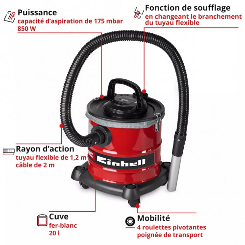 Aspirateur à cendres – 850 W – 175 mbar – Cuve métal 20 L – Tuyau 1,2 m – Filtration double – Roulettes pivotantes - EINHELL
