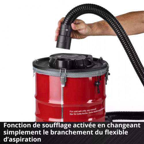 Aspirateur à cendres – 850 W – 175 mbar – Cuve métal 20 L – Tuyau 1,2 m – Filtration double – Roulettes pivotantes - EINHELL