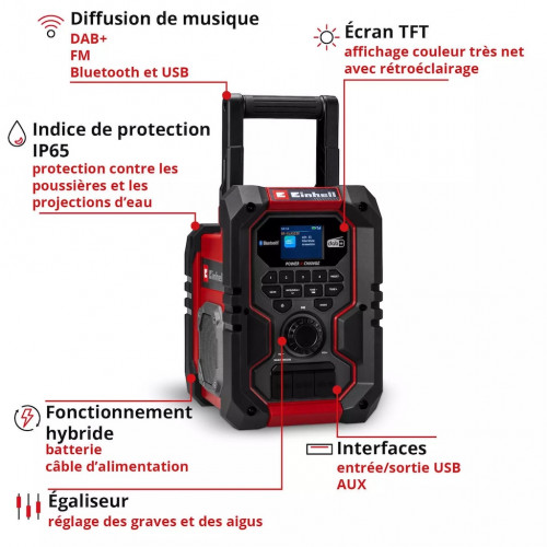 Radio de chantier sans fil – DAB+ / FM / Bluetooth – 2 haut-parleurs stéréo – Écran TFT couleur – Alimentation sur batterie ou s - EINHELL
