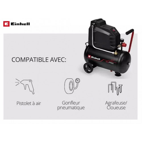 Compresseur d’air – TC-AC 190/24/8 I OF – 1100 W – Cuve 24 L – 8 bar – Moteur à induction – Pompe sans lubrification - EINHELL