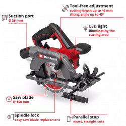 Scie circulaire portative sans fil – TE-CS 18/150-2 Li – Ø 150 mm – 18 V – Profondeur 49 mm – LED – Raccord aspirateur - EINHELL 