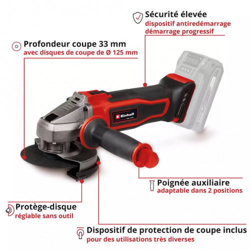 Meuleuse d’angle sans fil – TE-AG 18/125-2 Li – Ø 125 mm – 18 V – 8 500 tr/min – Solo – Profondeur 33 mm – Poignée 2 positions - EINHELL 