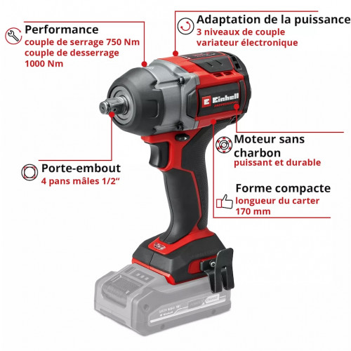 Visseuse à chocs sans fil – TP-CW 18/750-C Li BL-Solo - 18 V - 750 Nm - brushless - avec douilles - EINHELL