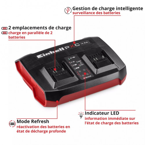 Chargeur double rapide – Power X-Twincharger 4A - 18 V - 2 ports - LED - recharge simultanée - EINHELL