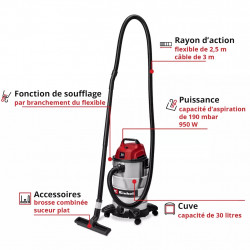 Aspirateur eaux et poussières TC-VC 3055 S – 30 L – 950 W – cuve inox - EINHELL 