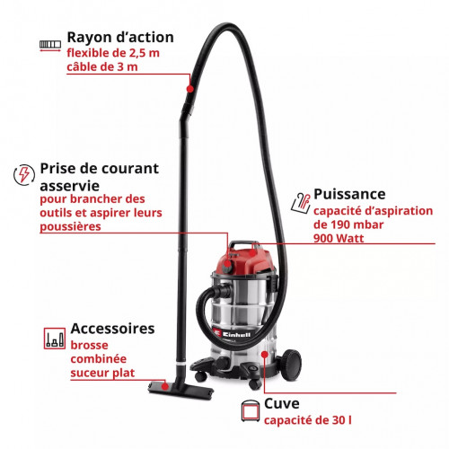 Aspirateur eau et poussières avec prise asservie – TC-VC 3055 SA - EINHELL