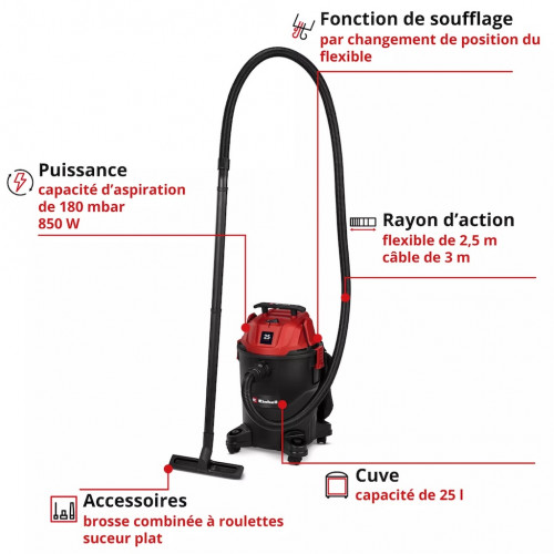 Aspirateur eau et poussières – TC-VC 2555 – 850 W – Cuve plastique 25 L – Fonction soufflage - EINHELL