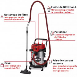 Aspirateur eau et poussières – 50 L – 230 mbar – 1 300 W – Filtre HEPA – Classe L – Cuve inox - EINHELL