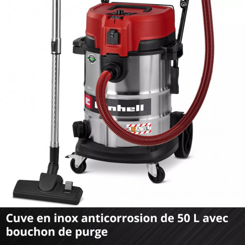 Aspirateur eau et poussières – 50 L – 230 mbar – 1 300 W – Filtre HEPA – Classe L – Cuve inox - EINHELL
