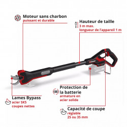 Sécateur sans fil professionnel – Moteur sans charbon – Coupe jusqu’à 35 mm – Télescopique 3 m – Lames Bypass – Poignée Softgrip - EINHELL