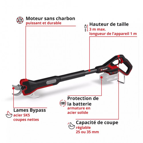Sécateur sans fil professionnel – Moteur sans charbon – Coupe jusqu’à 35 mm – Télescopique 3 m – Lames Bypass – Poignée Softgrip - EINHELL 