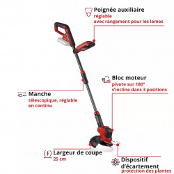 Coupe-bordures sans fil – Largeur 25 cm – Manche télescopique – Bloc moteur pivotant – Fonction Edging – 18 V – Lames et fil inc - EINHELL