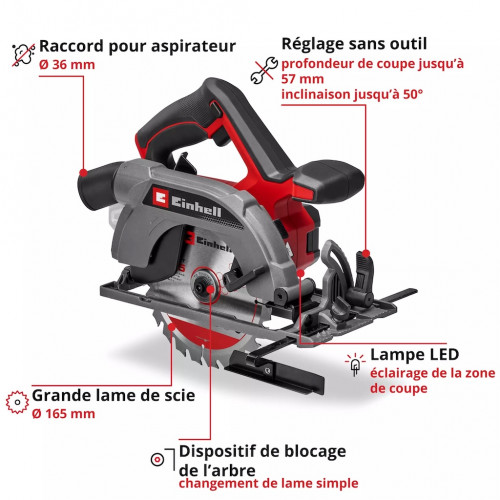 Scie circulaire portative sans fil – TE-CS 18/165-2 Li – Ø 165 mm – 18 V – Profondeur 57 mm – Angle réglable – LED – Raccord asp - EINHELL