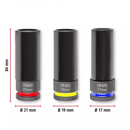 Jeu de douilles à impact – 3 pièces – 1/2” – 17/19/21 mm – avec protection jantes – acier CrMo - EINHELL 