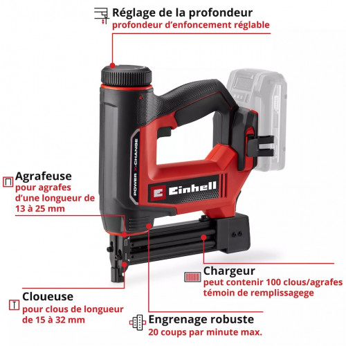 Agrafeuse-cloueuse sans fil – TE-CN 18/32 Li-Solo – 18 V – 2-en-1 clous et agrafes – 20 coups/min – Réglage de profondeur – Char - EINHELL
