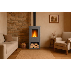 Poêle à bois acier – SAMIRA 10,56 kW – 150 m³ – Haut rendement 85 % – Sortie horizontale – Classe A – avec range-bûches - Eider Biomasa