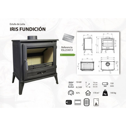 Poêle à bois - IRIS gris fonte - 620 x 470 x 740 mm - sortie Ø150 mm - 10 kW - 170 m³ - rendement 82 % - Eider Biomasa