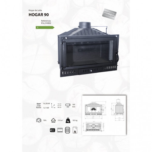 Foyer à bois - Hogar 90 - 12,7 kW - rendement 78 % - Ø180 mm - Eider Biomasa