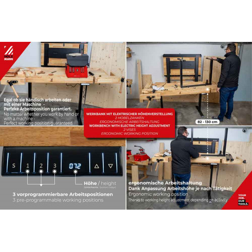 Établi bois hauteur réglable électriquement – WB210ELIFT_230V – 1885 x 615 mm – 70 kg – 2 presses - Holzmann