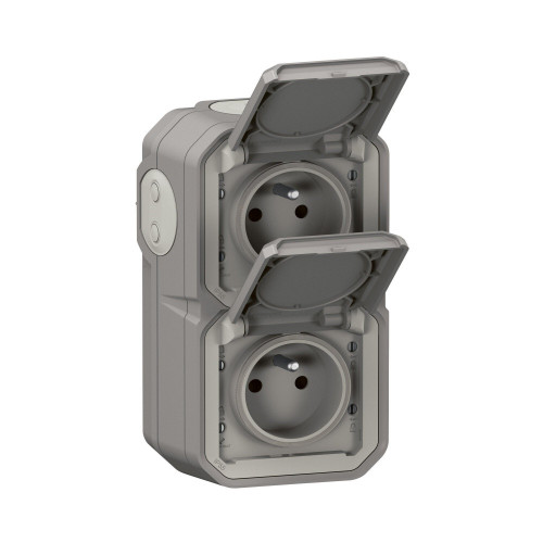 Double prise avec terre vertical étanche saillie Plexo, LEGRAND, gris - LEGRAND
