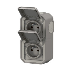 Double prise avec terre vertical étanche saillie Plexo, LEGRAND, gris - LEGRAND