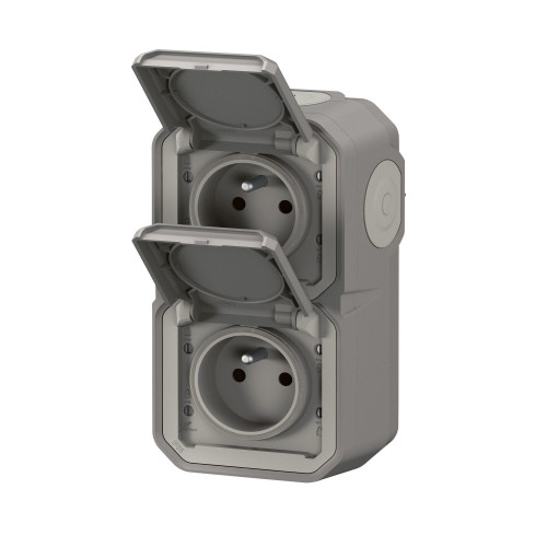 Double prise avec terre vertical étanche saillie Plexo, LEGRAND, gris - LEGRAND