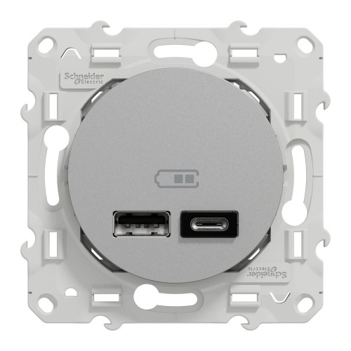 Prise chargeur double usb A+C 12W à assembler Odace, SCHNEIDER ELECTRIC, aluminium - SCHNEIDER ELECTRIC