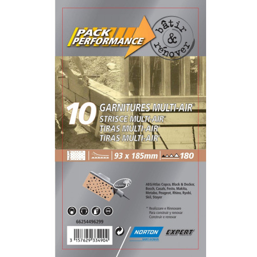 Lot de 10 patins abrasifs NORTON, 93x185 mm, grains 180 - NORTON