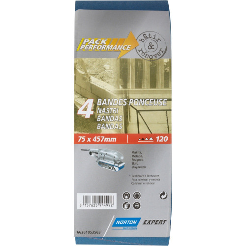 Lot de 4 bandes abrasives NORTON, 75 x 457 mm, grains 120 - NORTON