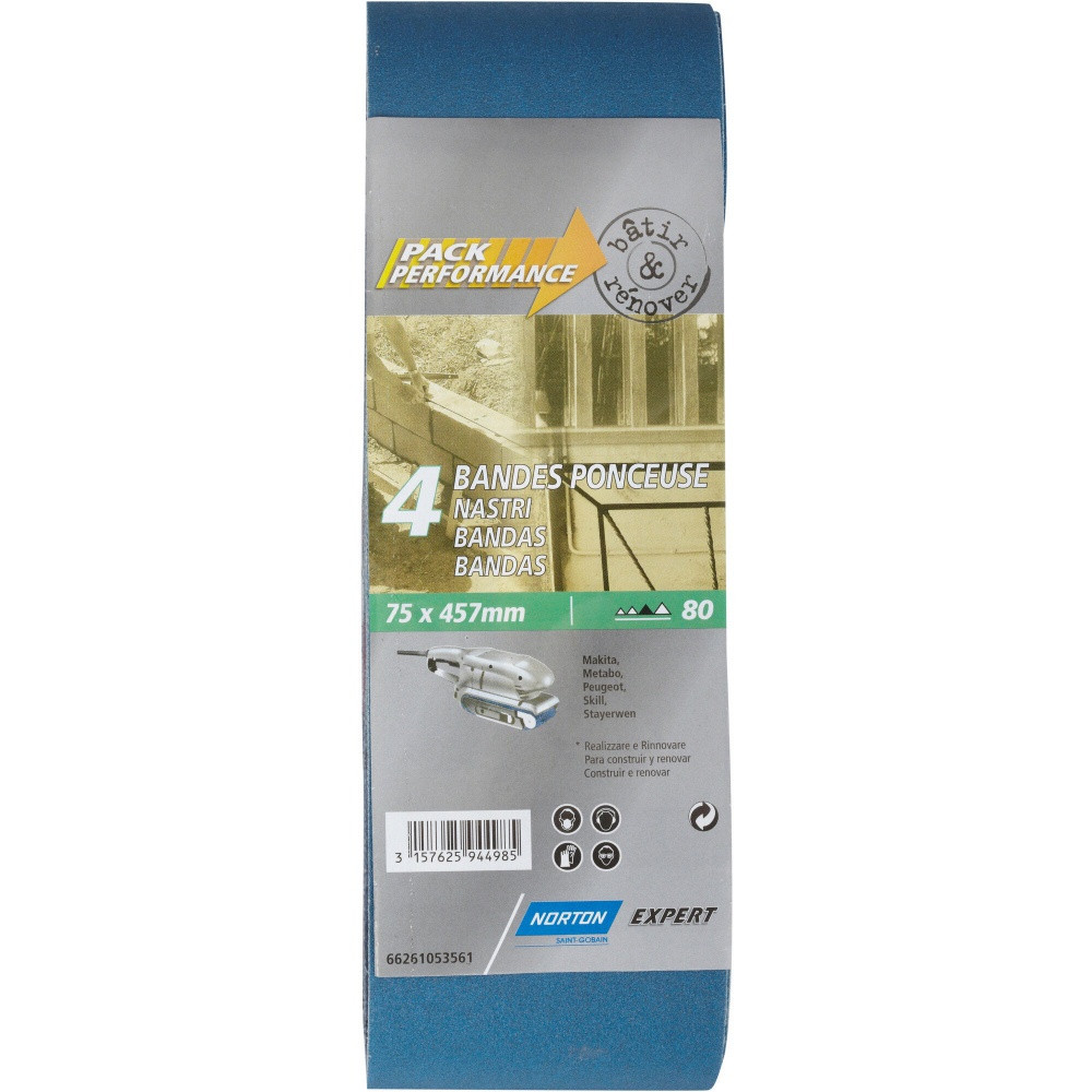 Lot de 4 bandes abrasives NORTON 75 x 457 mm grains 80