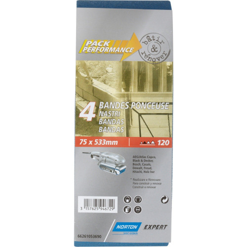 Lot de 4 bandes abrasives NORTON, 75 x 533 mm, grains 120 - NORTON
