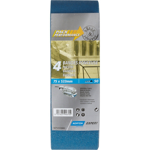 Lot de 4 bandes abrasives NORTON, 75 x 533 mm, grains 50 - NORTON