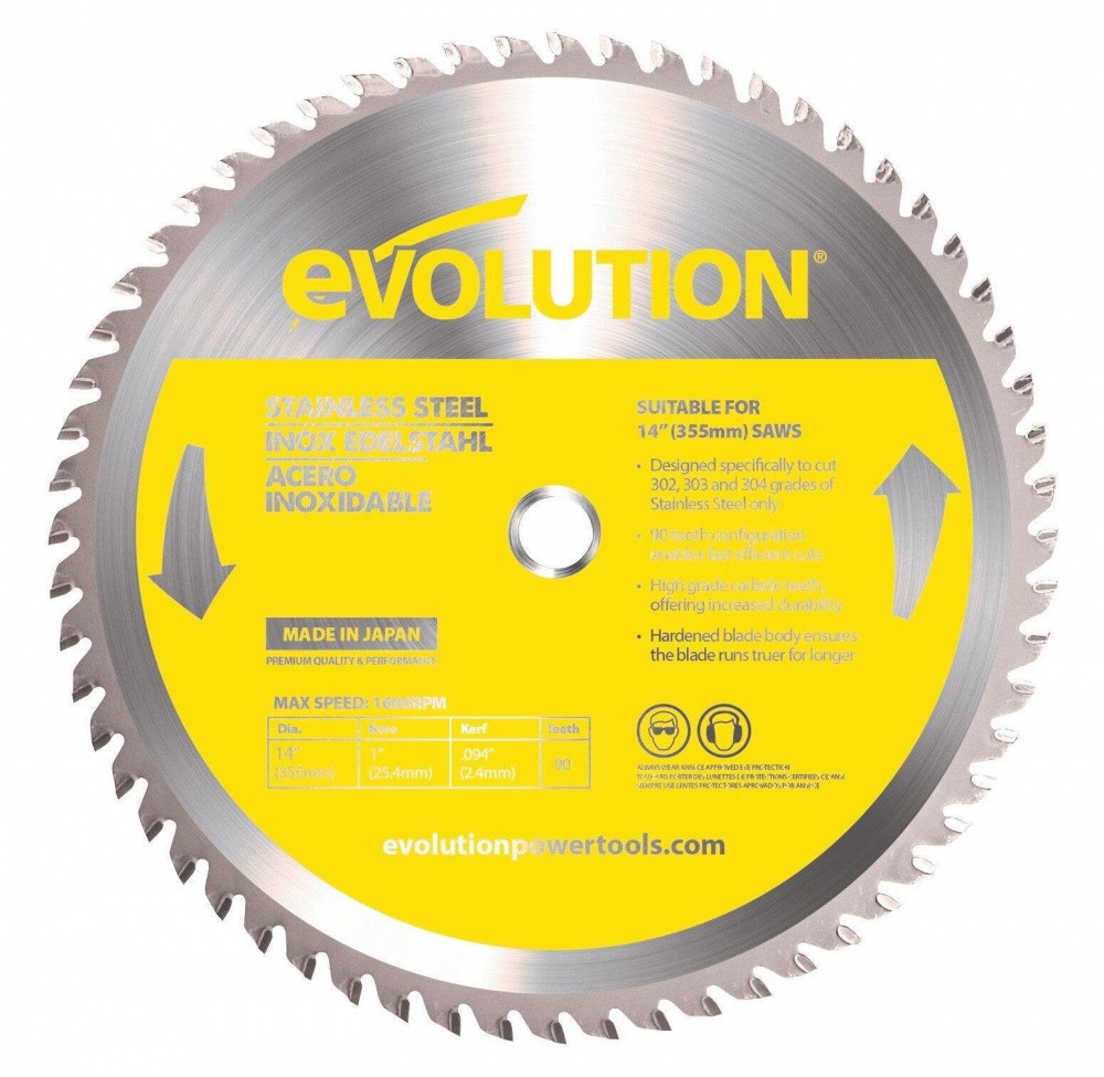 Lame en carbure de tungstène pour acier inoxydable EVOLUTION 302 303 et 304 90 dents alésage 20 mm diam. 355 mm