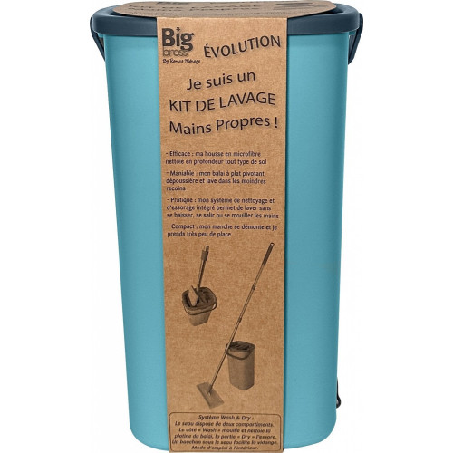 Balai à plat + seau double bac/bouchon vidange, manche inox + 1 recharge microfibre kit Evolution Bigbross - BIG BROSS